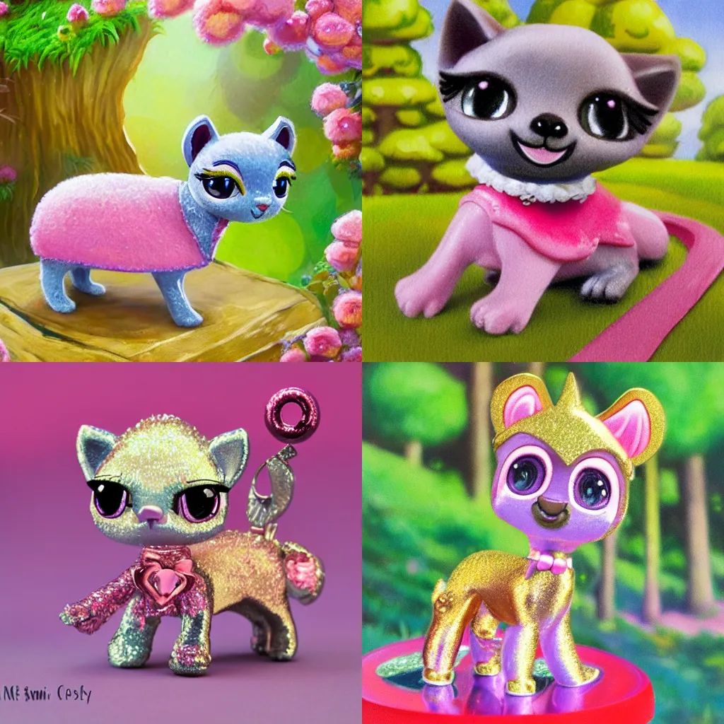 Prompt: metallic, sparkling 3D littlest pet shop alpaca, with pink collar and bell, in a forest, guardian of precious pink burgers, master painter, art style of Noel Coypel, art of Émile Eisman-Semenowsky, art of Édouard Bisson