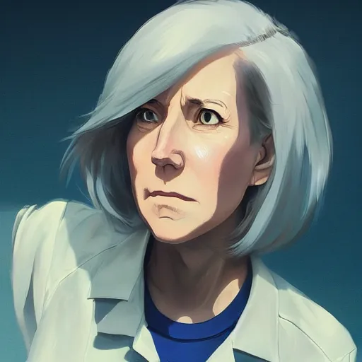 Prompt: female joe biden in anime art render, digital painting, by studio ghibli, greg rutkowski, wlop, artstation, very coherent, very beautiful face, pretty face, very detailed eyes, highly detailed, digital art, very coherent