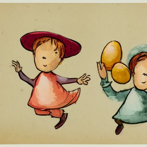 Prompt: two orphans with hats and middle ages simple clothes, holding eggs with their arms, running from a flying angry chicken, illustration for children, bright faded watercolor on grainy paper,. accurate anatomy. symmetry.