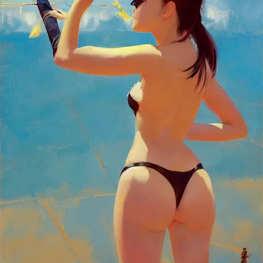 Image similar to greg manchess portrait painting of yorha type a no. 2 from behind in a bikini, organic painting, sunny day, matte painting, bold shapes, hard edges, street art, trending on artstation, by huang guangjian and gil elvgren and sachin teng