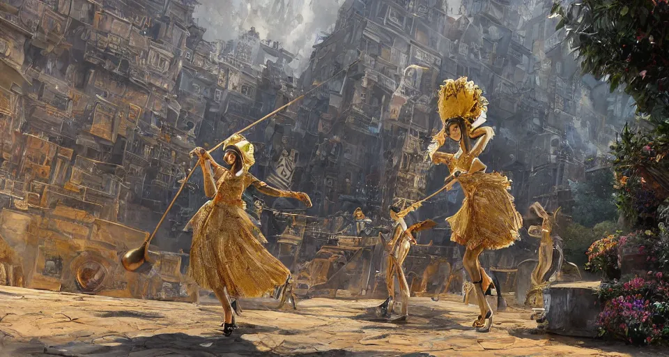 Image similar to craig mullins and ghibli digital art of on the huge stage, the masked female violinist playing alone, she wore a strong exotic costumes, gold ornaments, black hair, circulation string sound with graceful figure, evoke the desire of every audience present. unreal engine, hyper realism, realistic shading, cinematic composition, realistic render, octane render, detailed textures, photorealistic, wide shot