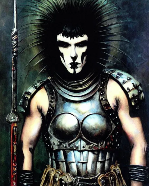 Image similar to portrait of a skinny goth punk keany reeves wearing armor by simon bisley, john blance, frank frazetta, fantasy, chrome thief warrior