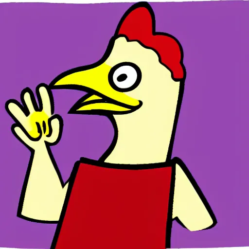 Prompt: clipart of an anthropomorphized hen with a worried expression, wearing an apron, pointing to the kitchen sink