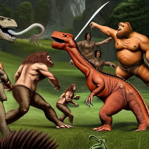 Image similar to A large dinosaur! fighting with several realistic detailed cavemen with proportioned bodies, next to the dinosaur are cavemen, the cavemen are armed with spears, the caveman are in a fighting stance, the cavemen are wearing animal furs, one caveman is stabbing the dinosaur with his spear, one caveman is cowering in fear, coarse canvas, visible brushstrokes, intricate, extremely detailed painting by William Turner (and by Greg Rutkowski)