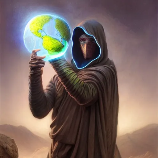 Image similar to masked nomad male wearing a cloak on an alien world and holding a holographic planet projection in his hand, detailed, sci - fi, digital painting, artstation, sharp focus, illustration, ominous, artgerm, tomasz alen kopera, peter mohrbacher, donato giancola, joseph christian leyendecker, wlop, frank frazetta