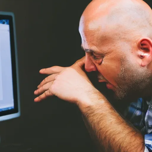 Prompt: crying sad hairless bald man crying at his computer with twitter open in the background, professional photo