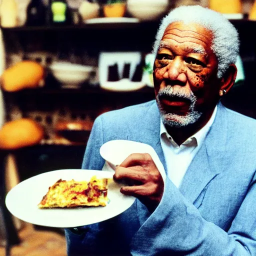 Image similar to polaroid photo of morgan freeman eating a spanish potato omelette