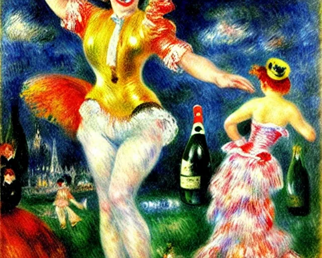 Prompt: vintage, melchizedek champagne bottle. cancan girl dancing, french, realistic, cheerful, 1 9 0 2, art by renoir