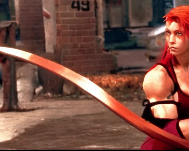 Prompt: a still of full body Elena, of Street Fighter, in the movie Hard Target (1993), HDR, high quality, 8k, highly detailed and intricate,