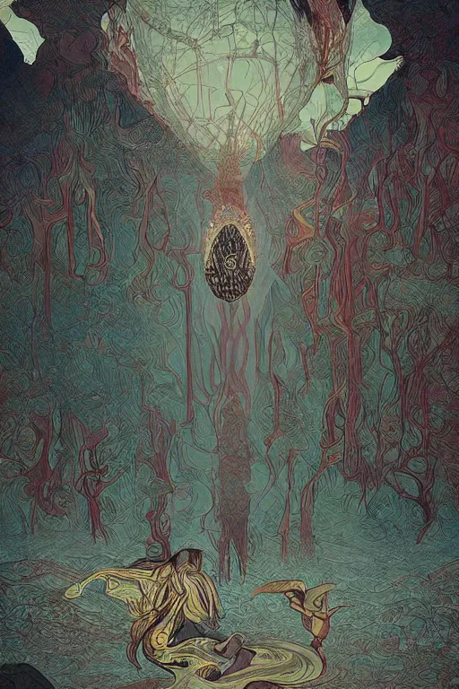 Image similar to Desert Circus, surrealism, dark undertones, outside intricate, highly detailed, digital painting, fantasy, artstation, concept art, sharp focus, ink illustration, tarot, art by rutkowski, beeple and alphonse mucha