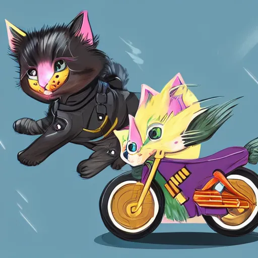 Image similar to wide angle full body, jacket wearing fluffy cute rainbow kitten wearing a black leather motorcycle jacket, riding on a motorcycle, cinematic concept art