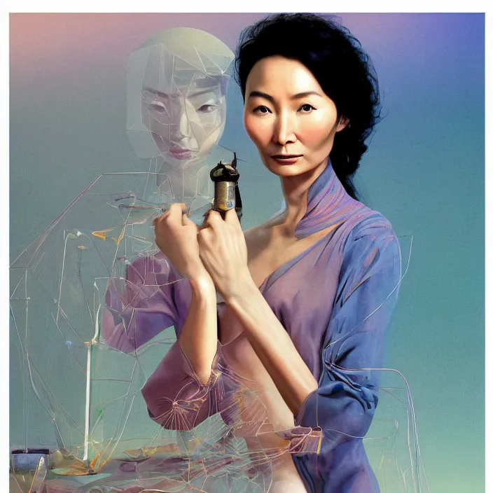 Prompt: maggie cheung, science fiction, extremely detailed, sharp focus, pastel colors, intricate, hard light, illustration, volumetric lighting, digital painting, by roger dean, by santiago calatrava, by vermeer