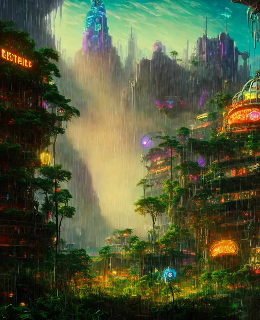 Image similar to building by albert bierstadt, anime cgsociety rainforest junglepunk elysian flowers nature bioshock at dawn at dusk meadow tron matte painting studio ghibli alien futuristic cosmic poppy wilderness fantasy liberty city bladerunner 2 0 4 9 fisheye azeroth, archdaily, wallpaper, highly detailed, trending on artstation.