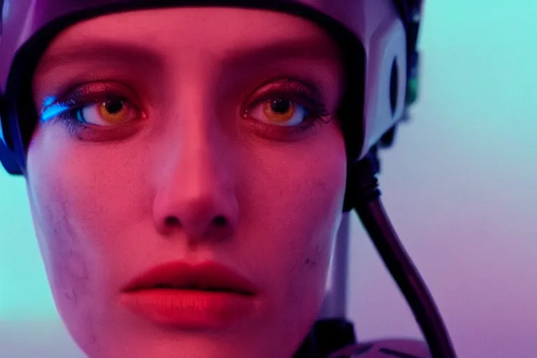 Image similar to VFX movie of a cyborg hacker closeup portrait in high tech compound, beautiful natural skin neon lighting by Emmanuel Lubezki