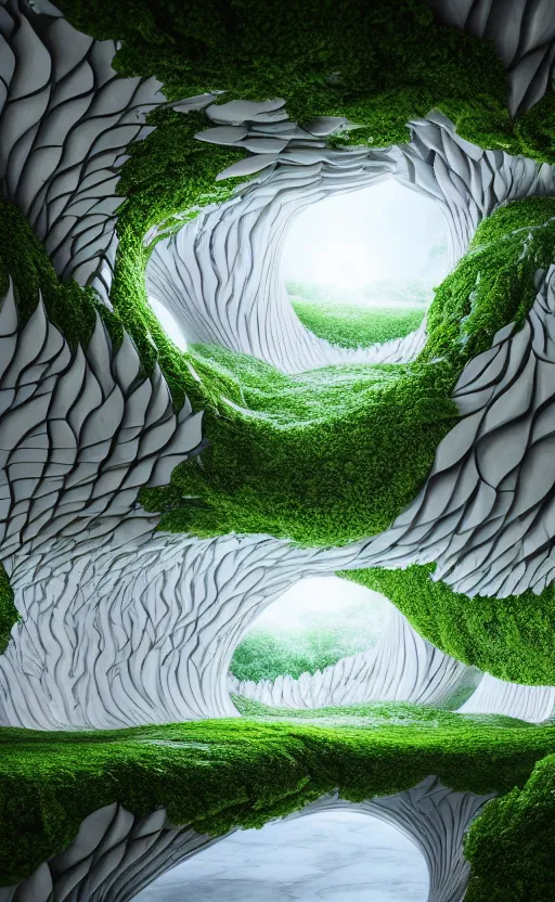 Prompt: highly detailed ultra sharp 3 d render cinematic composition of a smooth ceramic sand porcelain magnolia stone leaves fluid fractal sci - fi surreal architecture landscape, white marble, magnesium, foliage greenery, vincent callebaut composition, mamou - mani, archviz, beautiful lighting, 8 k, unreal engine, hdr, dof