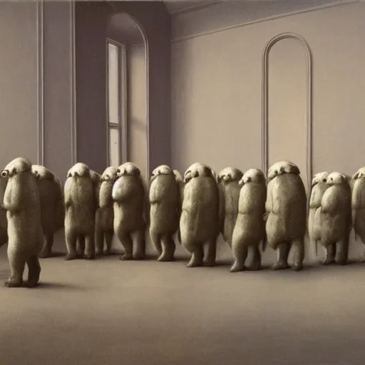 Image similar to crowd of tardigrades in style of vilhelm hammershoi