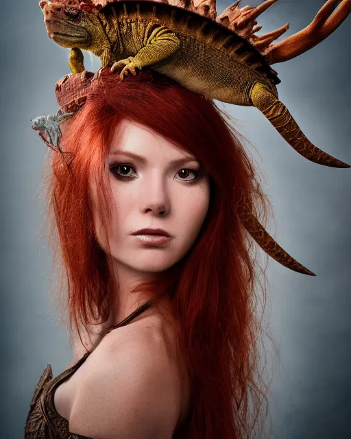 Image similar to 5 5 mm portrait photo of an armored redhead woman with antlers on her head and a an iguana on her shoulder, by luis royo. highly detailed 8 k. intricate. lifelike. soft light. nikon d 8 5 0. cinematic post - processing