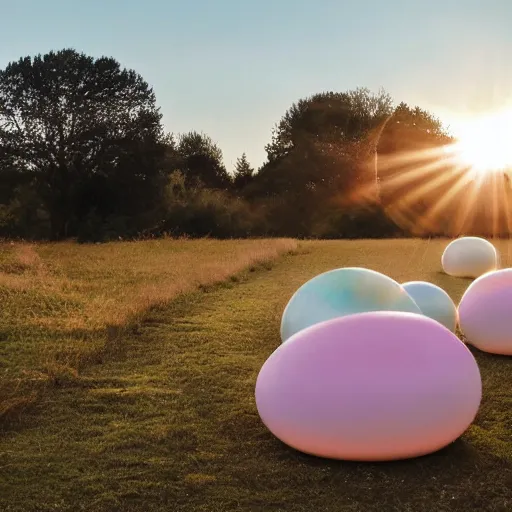 Prompt: a pastel coloured Polaroid photo of a sun lounger surrounded by soft spheres, both made of transparent iridescent perspex stood centrally in a field, beams of light, nostalgic