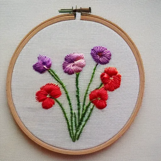 Image similar to a tiny beautiful handmade embroidery of flowers with smiling faces. hand embroidery.