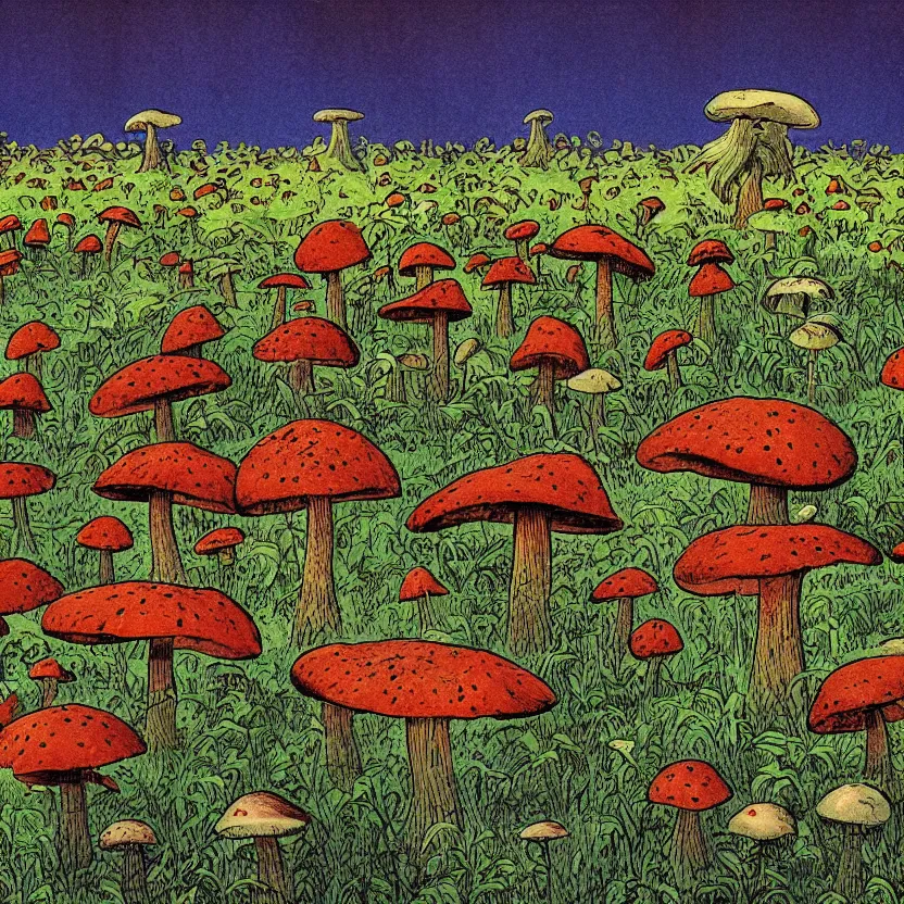 Prompt: a mushroom field with eyes, illustrated for a science fiction novel. by don ivan punchatz