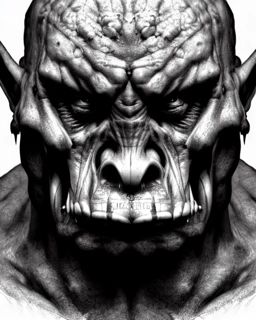 Image similar to orc, hyper realism, fine details, deviantart artstation, extremely detailed, black and white, very sharp, in the style of albrecht durer