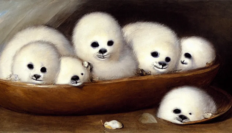 Prompt: highly detailed painting of cute furry white baby seals cuddling up in a fruit bowl with ice by william turner, thick brush strokes and visible paint layers, 4 k resolution