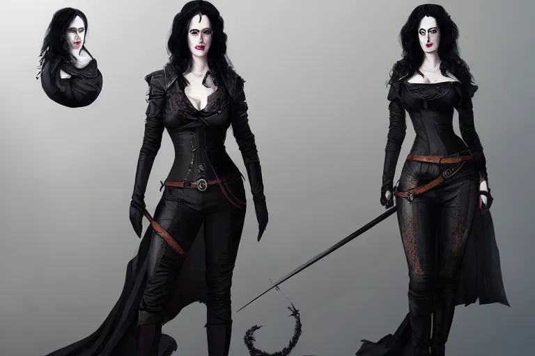 Image similar to A full body portrait of Eva Green as Yennefer from the Witcher in her alternative outfit Game by Ruan Jia and Mandy Jurgens and Artgerm and william-adolphe bouguerea, highly detailed, trending on artstation, award winning, H 768