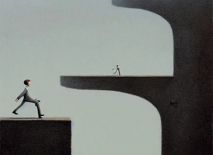 Image similar to walking on a very thin ledge, painting by quint buchholz and ray caesar, muted colors, gray, dull, boring, low energy, pale blue faces, very detailed, very coherent