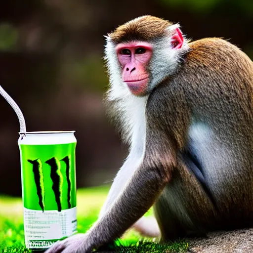 Image similar to monkey drinking monster energy, high quality photo