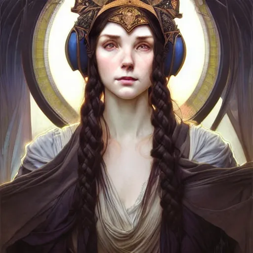 Image similar to Portrait of a female cleric wearing a kerchief covering her ears. She has blue eyes, black hair, porcelain skin, full lips, high slanted cheekbones. Fantasy art by artgerm and greg rutkowski and alphonse mucha, intricate, elegant, highly detailed, digital painting, concept art, illustration, award winning on artstation, D&D, AD&D.