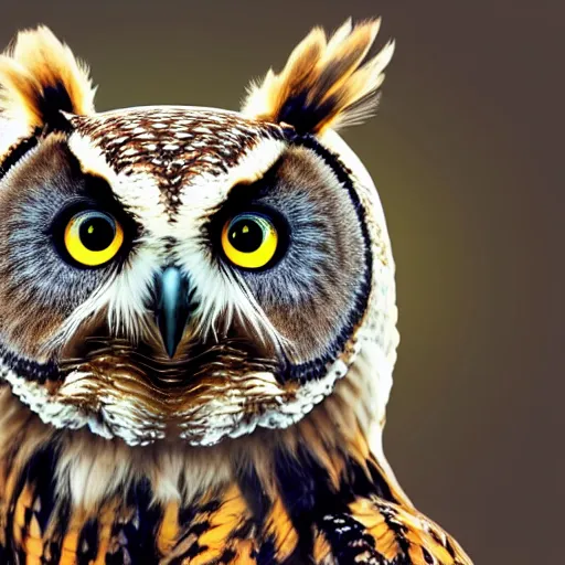 Prompt: An owl crossbred with a bear. The animal has the body of a bear, with fur, the bear is brown, it's owls head has feathers, the owls face eyes are yellow , 8k, ultra realistic, professional photography