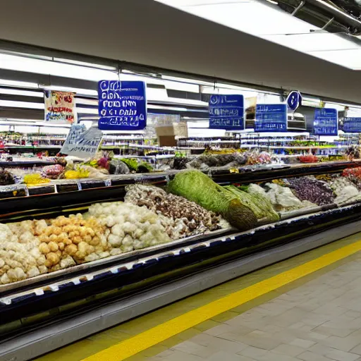 Prompt: supermarket check out conveyor belt covered in dead marine life, hyper realistic, soft focus