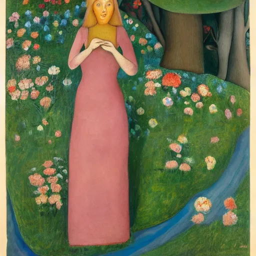 Image similar to moonstone earthy by boris grigoriev. a land art of a young girl with blonde hair, blue eyes, & a pink dress. she is standing in a meadow with flowers & trees.