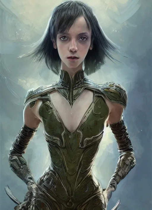 Image similar to a professional painting of a beautiful young female alien, clothed in ethereal armor, olive skin, long dark hair, beautiful bone structure, symmetrical facial features, intricate, elegant, digital painting, concept art, smooth, sharp focus, illustration, from Valerian and the City of a Thousand Planets, by Ruan Jia and Mandy Jurgens and Artgerm and William-Adolphe Bouguerea