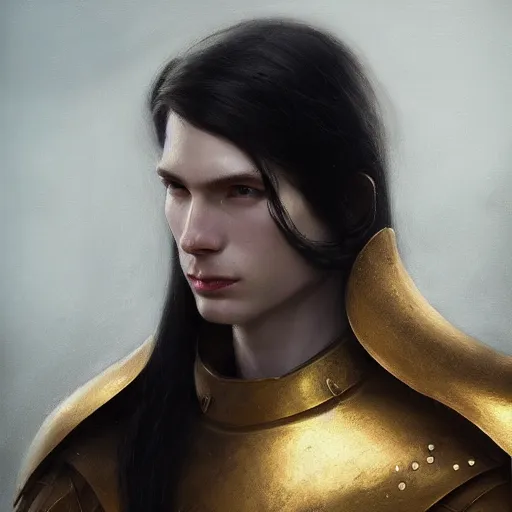 Image similar to character design, portrait of a attractive male with pale skin, long black hair and proeminent cheekbones, medieval, armor, painting by wlop, nixeu and greg rutkowski, beautiful, semirealism, artstation, octane render, sharpness, 8 k, golden ratio