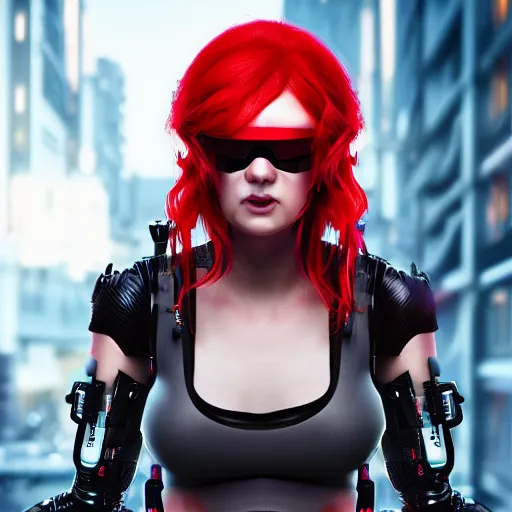 Prompt: red haired female, cyberpunk, wearing futuristic goggle, cyborg ; photorealistic, hyper real, 8 k, high details