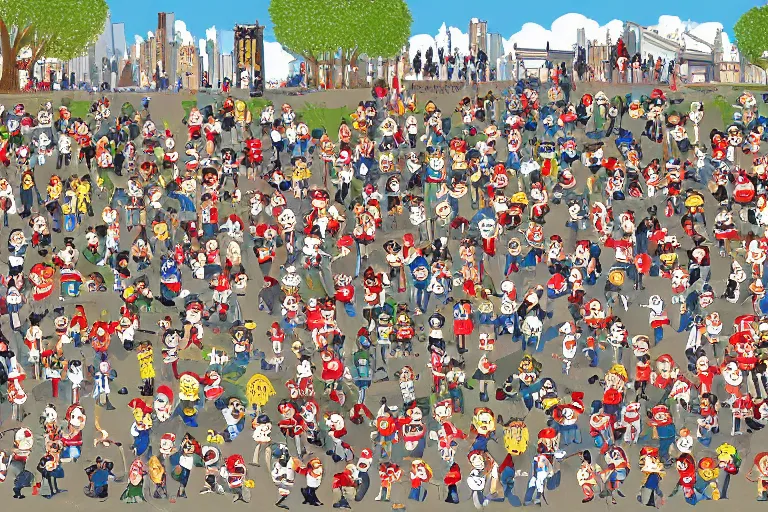 Image similar to an elaborate penned child illustration of a convention of waldo's in new york city and central park, where's wally, where's waldo, by martin hand ford and by jan van haasteren