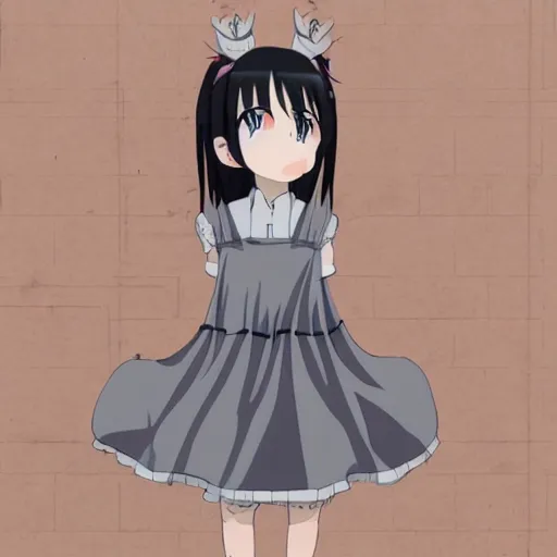 Image similar to little girl in anime style with short grey hair wearing a potato sack as dress