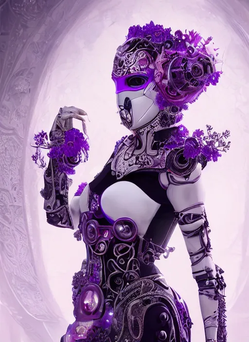 Image similar to a beautiful ornate cyborg with a white techwear mask, purple garment with art nouveau ivory accessories, dressed in black intricate lace and jewels, ethereal, misty, cyberpunk, darksynth, luxury, concept art by zeen chin, extremely detailed, artstation, andree wallin, edvige faini, alphonse mucha, 8 k, unreal engine 5