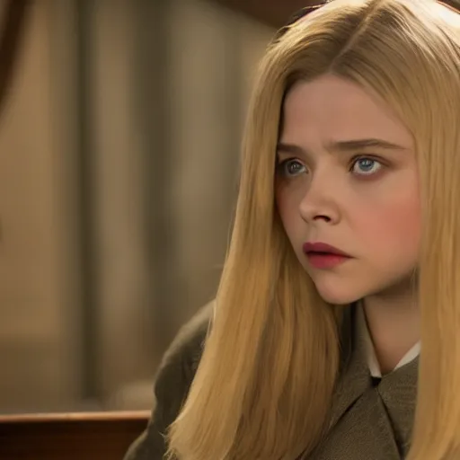 Image similar to Adult Chloe Moretz in Inglorious Basterds, full-body shot, movie scene, XF IQ4, 50mm, F1.4, studio lighting, professional, 8K, Look at all that detail!, Dolby Vision, UHD
