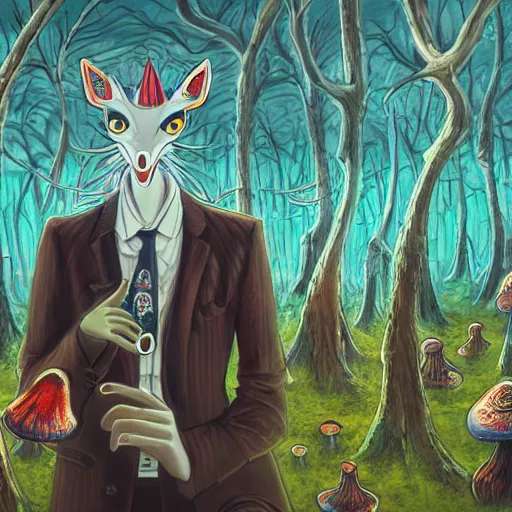 Prompt: a centered chest up portrait of a psychedelic demonic anthropomorphic forest animal in a suit smoking a hand - rolled cigarette smoking heavily, magic mushroom village in background. award winning. superb resolution. in the art style of junji ito and greg rutkowski. detailed mushroom city in background. hyper realistic anime. perfect art. dalle 2