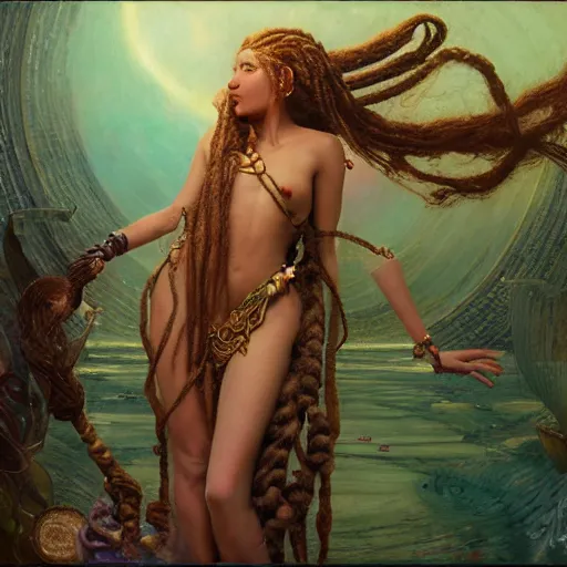 Image similar to birth of mami wata, sumerian goddess inanna ishtar, ashteroth, techno mystic goddess princess intergalactica, with aqua neon rapunzel dreadlocks, mami wata, detailed, by gaston bussiere, bayard wu, greg rutkowski, giger, maxim verehin, greg rutkowski, masterpiece, sharp focus,