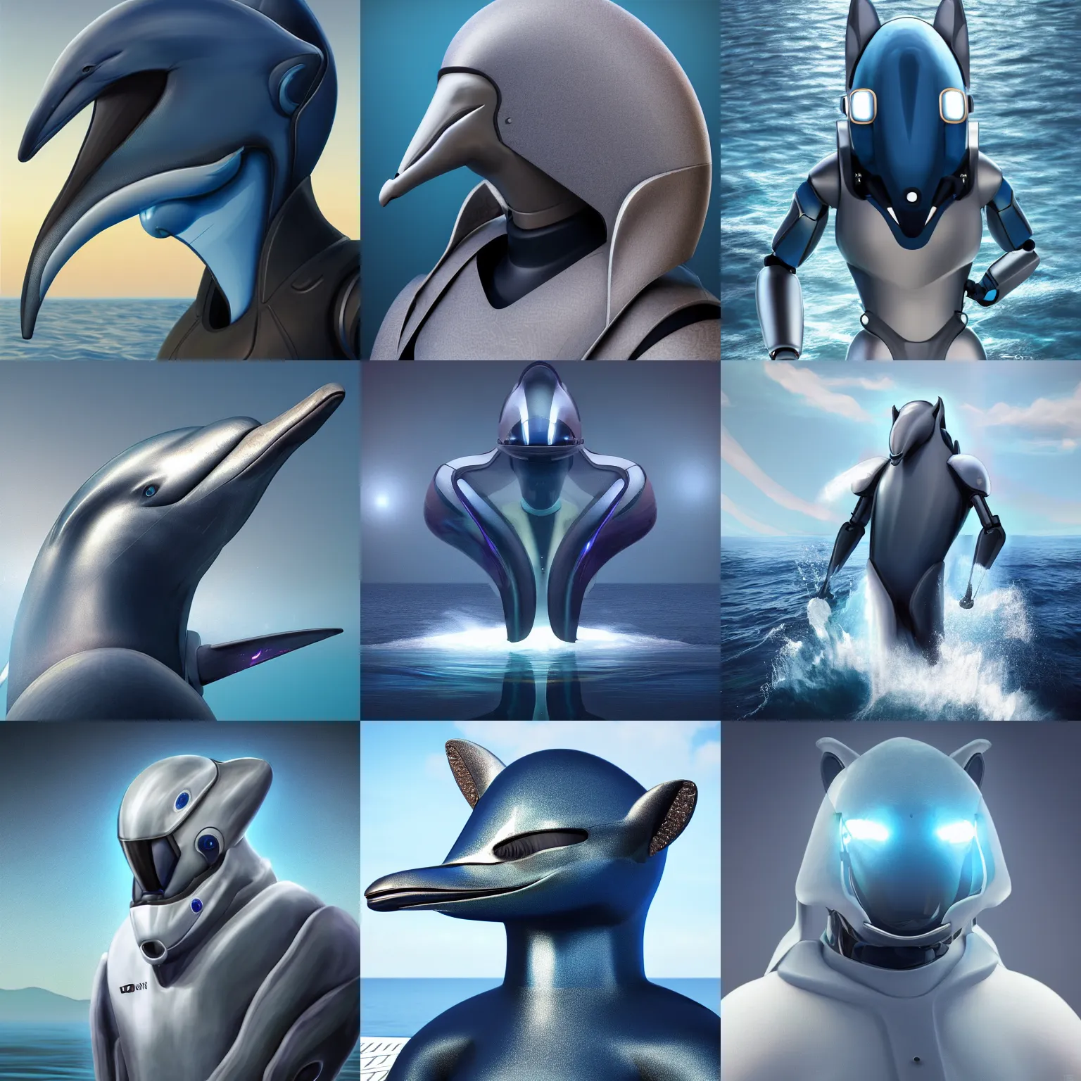 Prompt: very very beautiful furry art, male robotic anthro dolphin, integrated synthetic cetacean hybrid android, face covered by dark opaque visor, wide bottlenose snout below visor, smooth round shapes, all dark blue metal, commission on furaffinity, cgsociety, octane render, sea in background