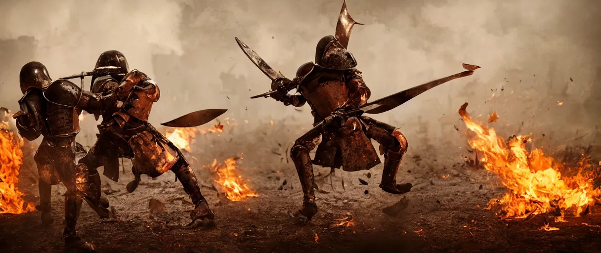 Image similar to knights in battle, rusted armor, swinging swords, kicking, boots stabbing, burning houses, running, fear, sanguinary blood splatters, flying mud, debris, boots, smoke, fighting, field, burning houses, dead bodies, wet, dawn, cold breath, hyper realistic, octane render, hyper detailed, cinematic, crane shot medium