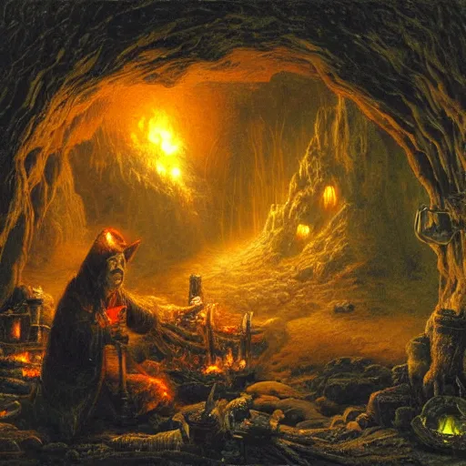 Prompt: the face of a hopeful old witch looking into a flame in a cave Thomas kincade