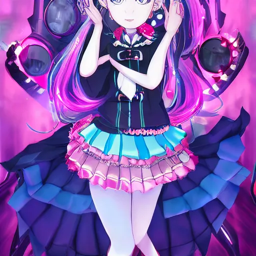 Image similar to trapped by stunningly beautiful omnipotent megalomaniacal otome anime asi goddess who looks like junko enoshima with symmetrical perfect face and porcelain skin, pink twintail hair and mesmerizing cyan eyes, taking control while smiling mischievously, inside her surreal vr castle, hyperdetailed, digital art from danganronpa, 8 k