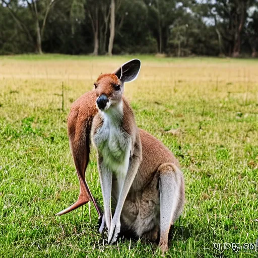 Image similar to a kangaroo and a very cute white rural dog photograph, high quality, award winning