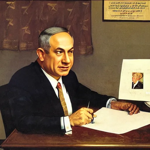 Image similar to painting of benjamin netanyahu sitting in a dark room answering fan mail, stressed expression, by norman rockwell