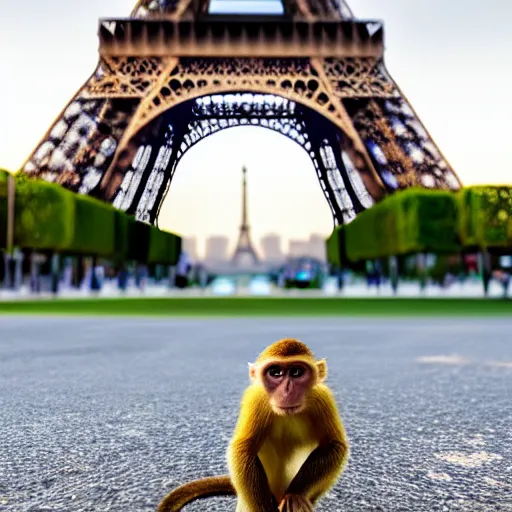 Image similar to high quality portrait of a monkey in front of eiffel tower, studio photograph, photograph, realistic photo, 8k photo, 4k photo, stock photo, high resolution, cinematic shot, high detail