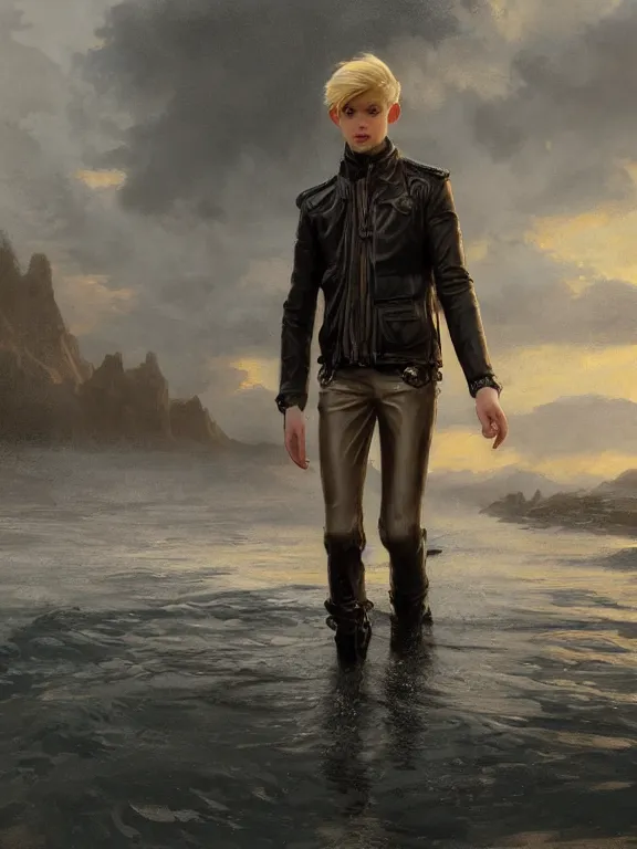 Image similar to a beautiful and detailed matte painting of a young blonde male teenage boy wearing a leather jacket walking on water, fantasy, d & d, dark eyeliner, intricate, elegant, highly detailed, digital painting, artstation, concept art, matte, sharp focus, illustration, art by greg rutkowski and alphonse mucha